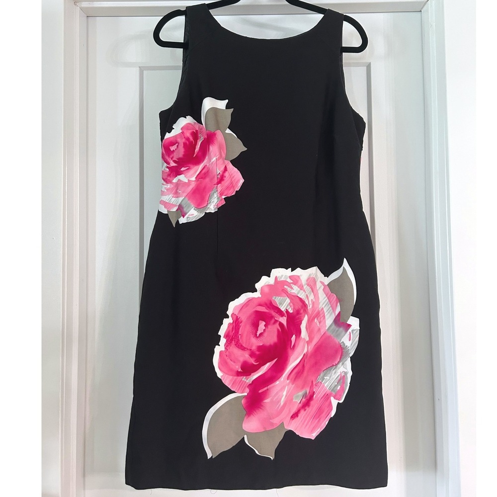 Studio 1 Vintage Black Pink Floral Rose Sleeveless Sheath Dress 12 Garden Retro